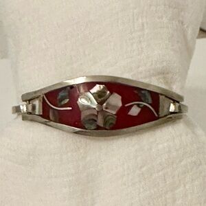 Taxco Red Enameled Abalone Flower Vintage Hinged Bangle Bracelet